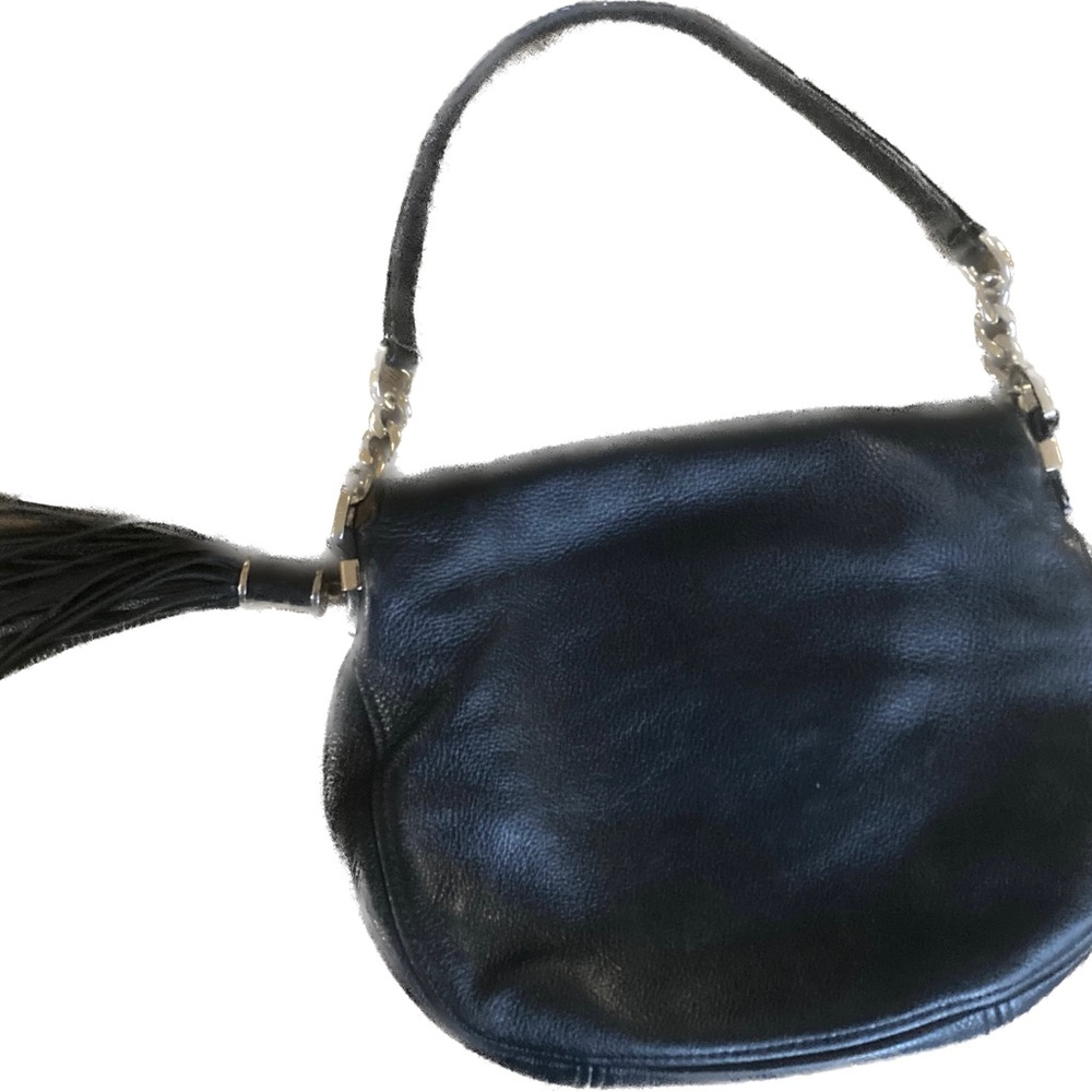 Michael Kors Black Leather Shoulder Bag with Tassel Accent - Picture 2 of 5